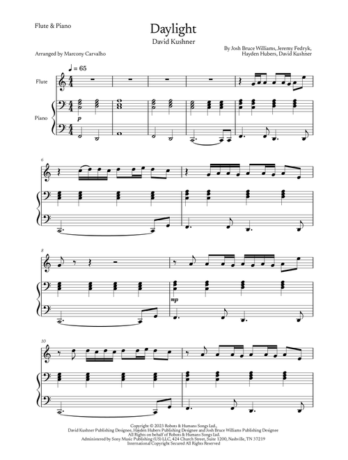 Daylight (Arr. Marcony Carvalho) - David Kushner (Flute and Piano)