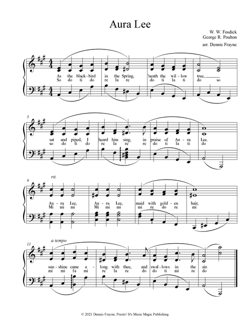 Aura Lee (Arr. Dennis Frayne) - W. W. Fosdick, George R. Poulton (Piano Vocal)