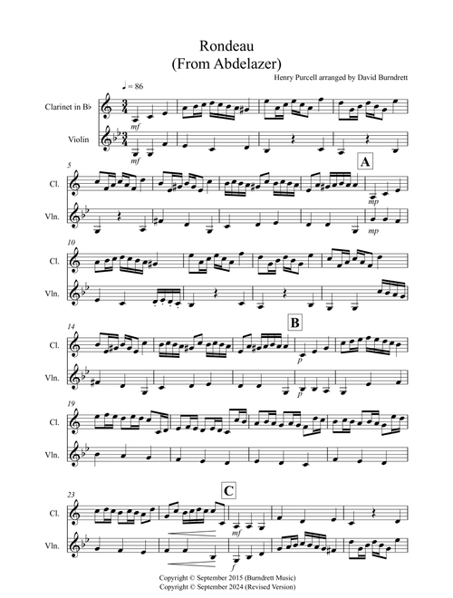 Rondeau (from Abdelazer) for Clarinet and Violin Duet (Arr. David Burndrett) - Henry Purcell (Instrumental Duet)