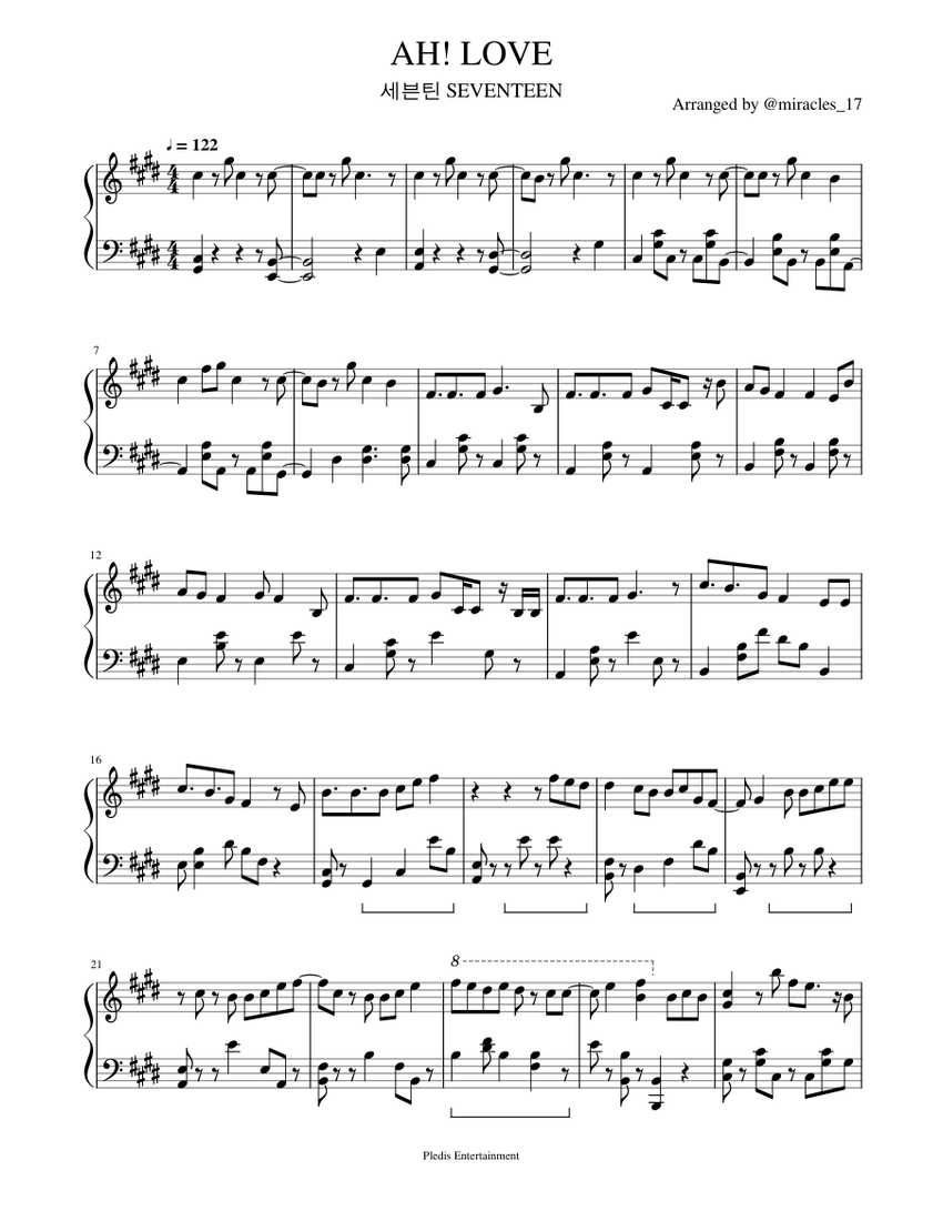 세븐틴 SEVENTEEN - AH! LOVE Sheet Music for Piano (Solo