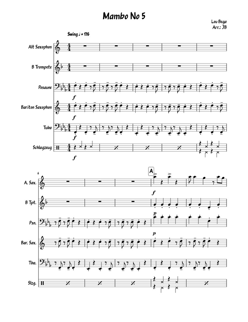 Que Rico Mambo Trombone Notes Mambo No 5 (Lucky Chops Version) Sheet Music for Trombone, Tuba ...