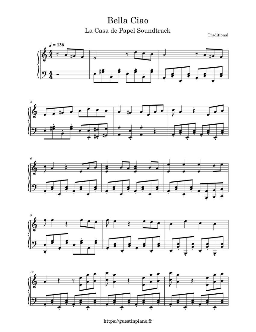 Bella Ciao Piano Partition Bella Ciao (La Casa de Papel) - Manu Pilas Sheet music for Piano (Solo) |  Musescore.com