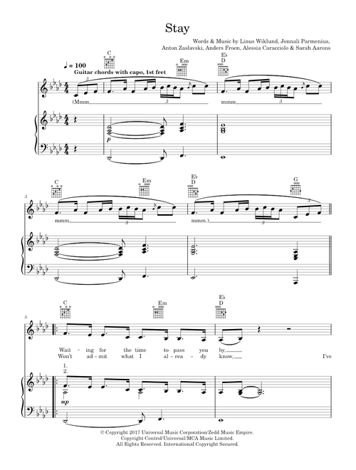Stay - Alessia Cara, Zedd, Zedd & Alessia Cara (Piano-Vocal-Guitar (Piano Accompaniment))