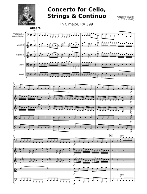 Concerto for Cello in C major RV 399 – Antonio Vivaldi for Solo Cello and Strings