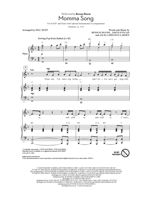 Momma Song (arr. Mac Huff) - Benson Boone (Choral, SATB)