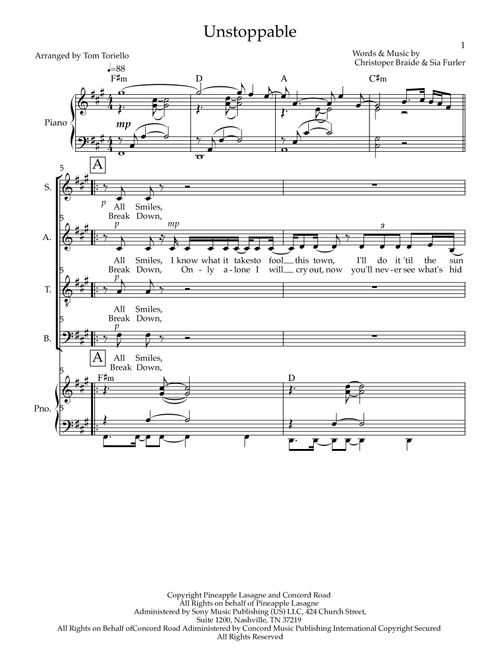 Unstoppable (Arr. Tom Toriello) - Sia (Choral, SATB)