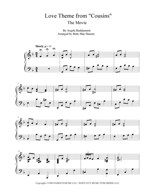 Cousins (love Theme) (Arr. The Betty May Hansen Collection) - Angelo Badalamenti (Piano Solo)