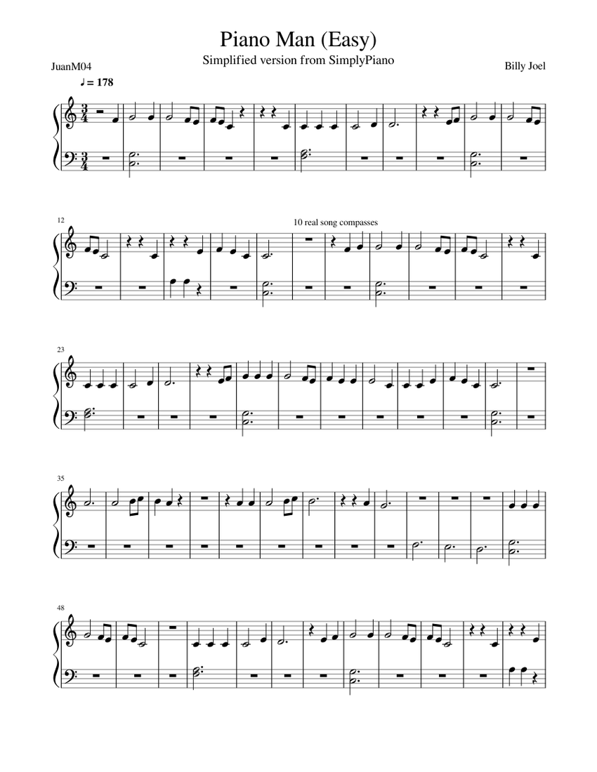 Piano Man Easy Sheet music for Piano Solo Musescore