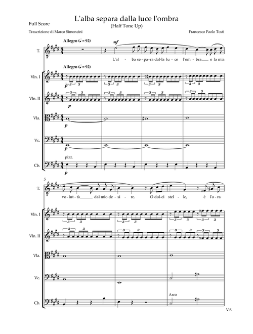 L'Alba separa dalla luce l'ombra - High Voice and String Quintet - Full Score and Parts Set - In E (Arr. Marco Simoncini) - Francesco Paolo Tosti (Small Ensemble)