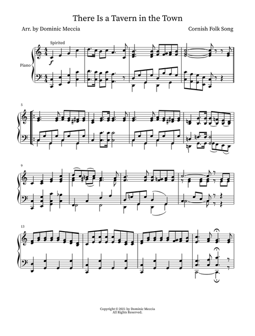 There Is a Tavern in the Town (Arr. Dominic Meccia) - Cornish Folk Song (Easy Piano)