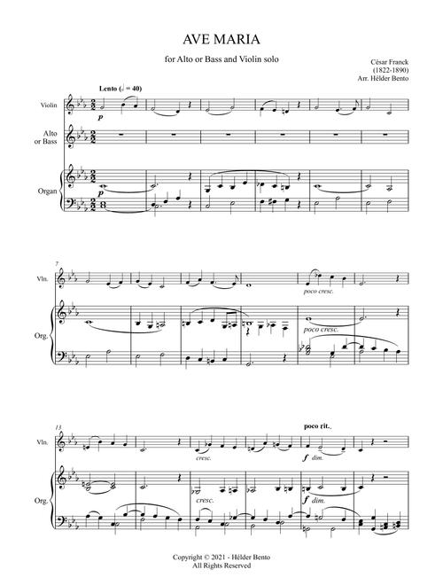 Avé Maria - César Franck for Low Voice (Cm) and Violin Solo (Arr. H. Bento) - Cesar Franck (Instrumental Duet and Piano)