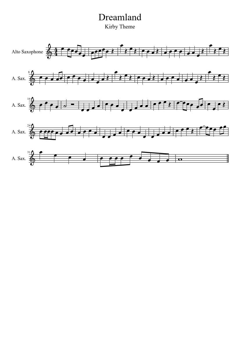 Dreamland - Kirby Theme song Sheet music for Saxophone alto (Solo) |  