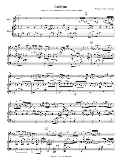 Bach: Siciliano from Flute Sonata in Eb-major (violin & piano) (Arr. David Kocijan) (Violin and Piano)