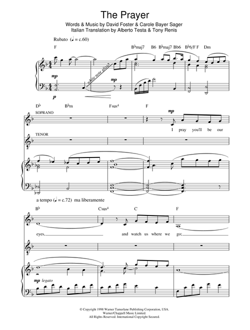 The Prayer - Russell Watson & Lulu, Andrea Bocelli (Piano-Vocal-Guitar (Piano Accompaniment))