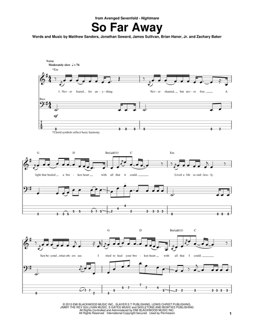 So Far Away - Avenged Sevenfold (Bass Tab)