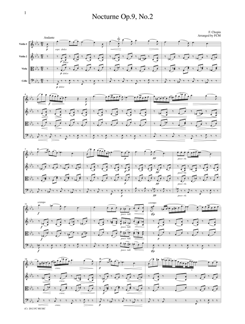 Chopin Nocturne Op.9, No.2 , for string quartet, CC004 (Arr. FCMUSIC) (String Quartet)
