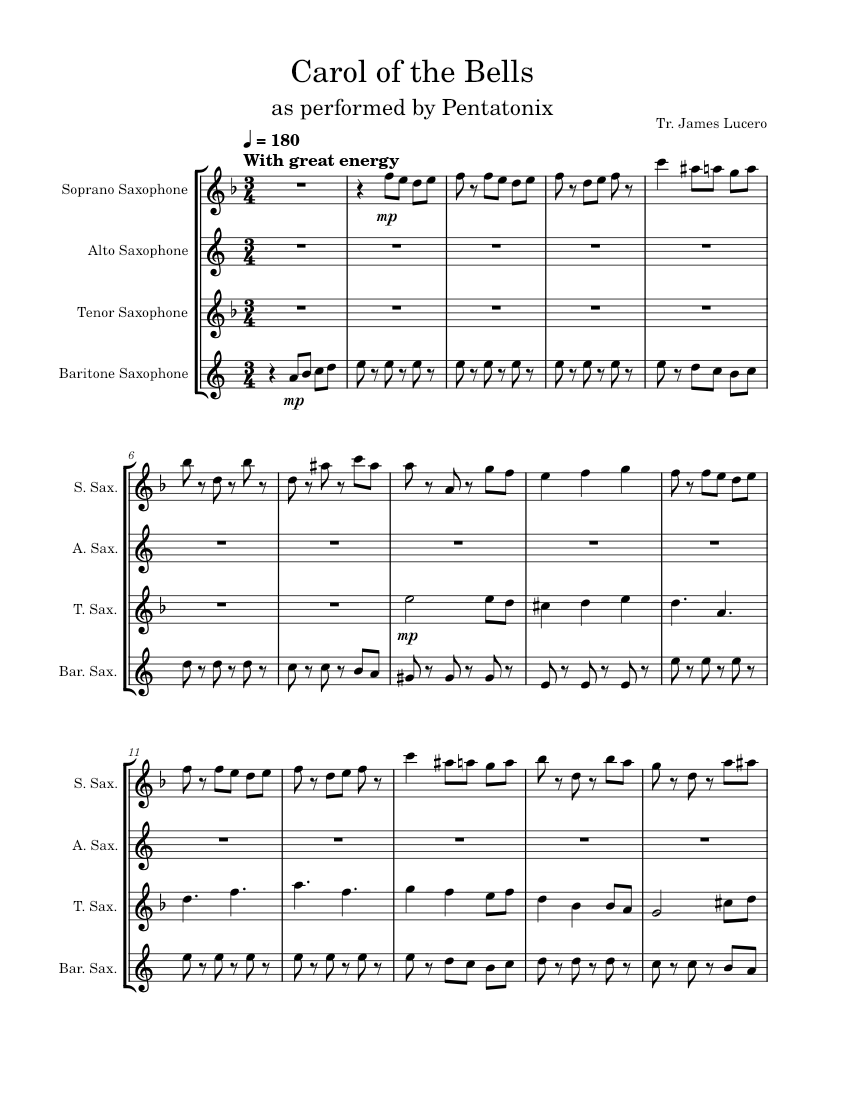Carol of the Bells for Sax Quartet Sheet music for Saxophone alto ...