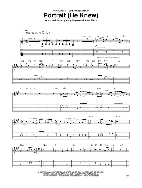 Portrait (He Knew) - Kansas (Guitar Tab)
