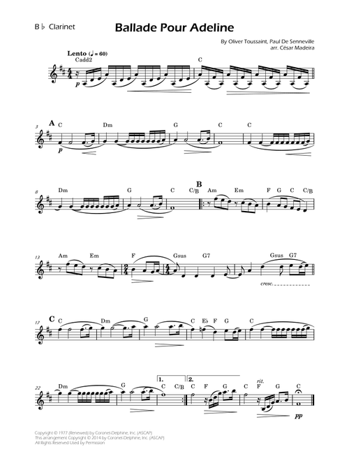 Ballade Pour Adeline (Arr. César Madeira) - Oliver Toussaint, Paul de Senneville (Clarinet Solo)