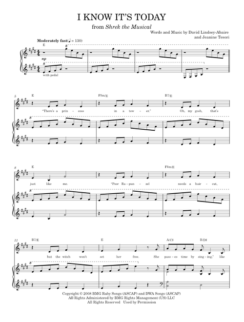 I Know It's Today - Shrek The Musical (Piano Vocal)