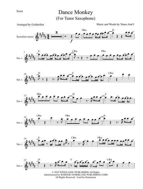 Dance Monkey (Arr. GoldenSax) - Tones And I (Tenor Sax Solo)