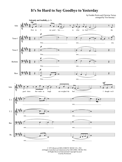 It's So Hard To Say Goodbye To Yesterday (Arr. Tim Sarsany) - Boyz Ii Men (Choral, TTBB)