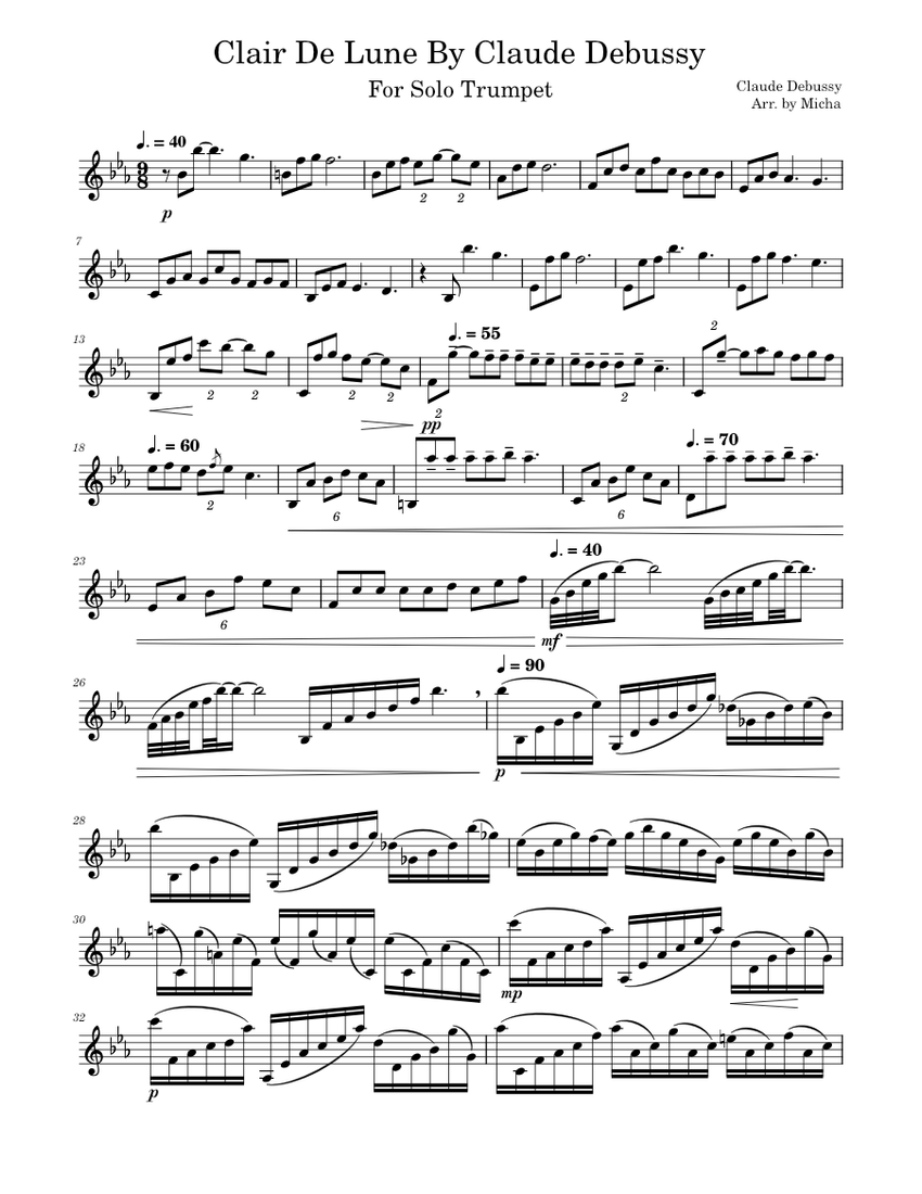 Clair De Lune By Claude Debussy For Solo Trumpet Sheet Music For ...