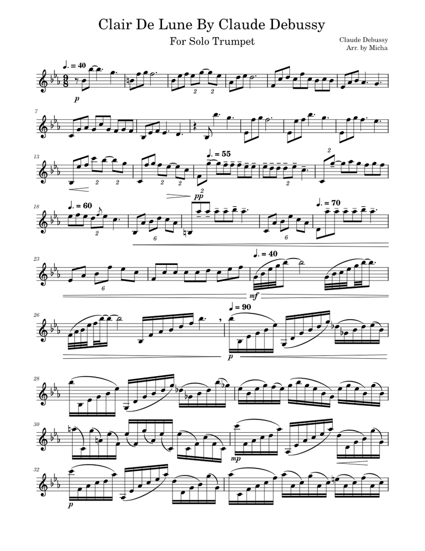 Clair De Lune By Claude Debussy For Solo Trumpet Sheet music for