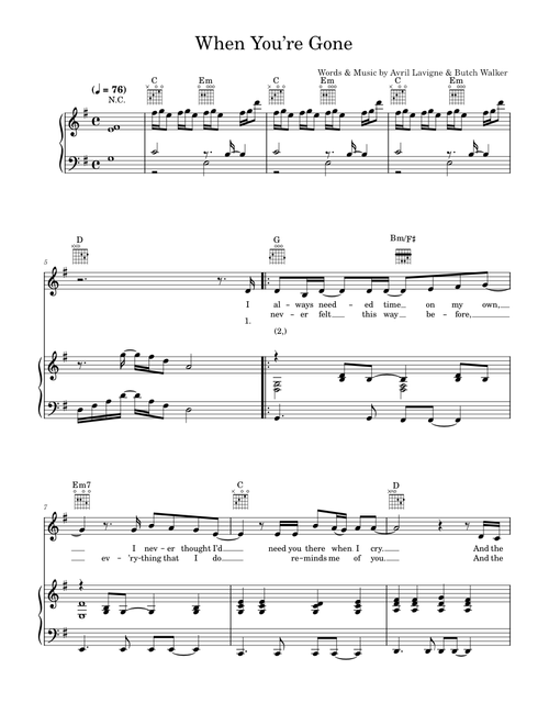 When You're Gone - Avril Lavigne (Piano-Vocal-Guitar (Piano Accompaniment))
