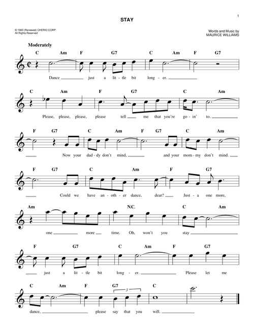 Stay - The Four Seasons, Maurice Williams & The Zodiacs (Easy Lead Sheet - Fake Book)