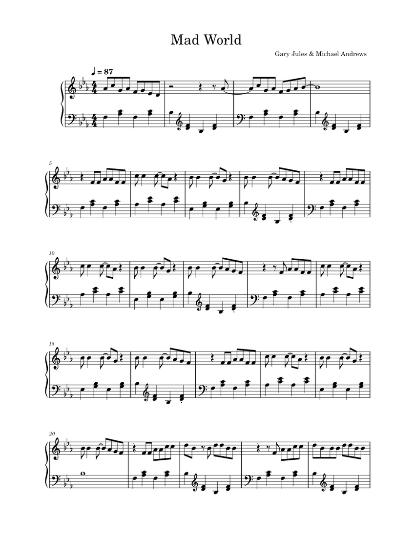 Mad World Gary Jules and Michael Andrews Sheet music for Piano (Solo) Easy