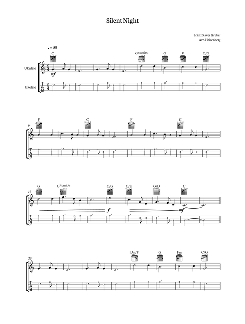 SIlent Night - Christmas Song for Ukelele with tab and chords (Arr. Heisenberg) - Franz Gruber (Ukulele)