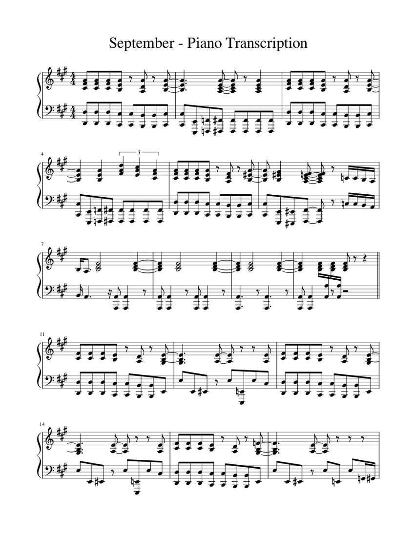 September, Piano Transcription Sheet Music for Piano (Solo