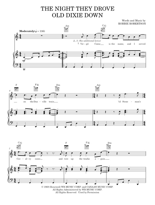 The Night They Drove Old Dixie Down - Joan Baez, Robbie Robertson, The Band (Piano-Vocal-Guitar)