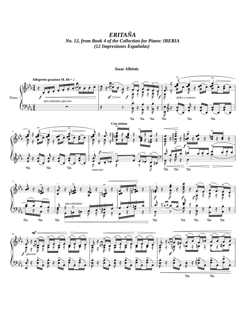 Eritaña - No.12 from Iberia by Albéniz Sheet Music for Piano (Solo