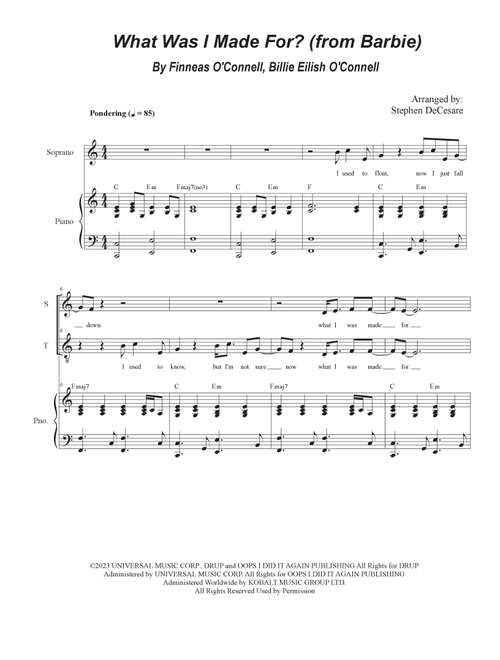 What Was I Made For? (Arr. Stephen DeCesare) - Billie Eilish (Voice Duet and Piano)