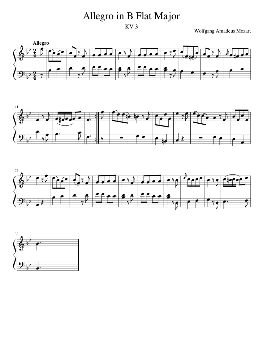 Allegro in B-flat major, K.3 – Wolfgang Amadeus Mozart Sheet music for ...