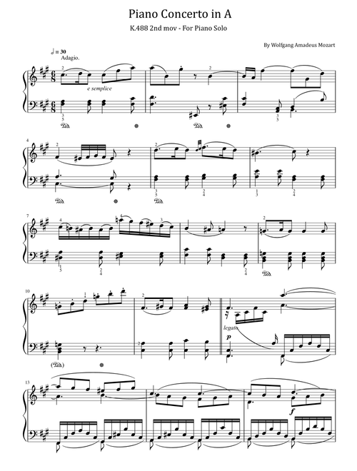 Mozart - Piano Concerto in A - K.488 - 2nd mov - Adagio for piano solo With Fingered (Arr. poon) - Wolfgang Amadeus Mozart (Piano Solo)