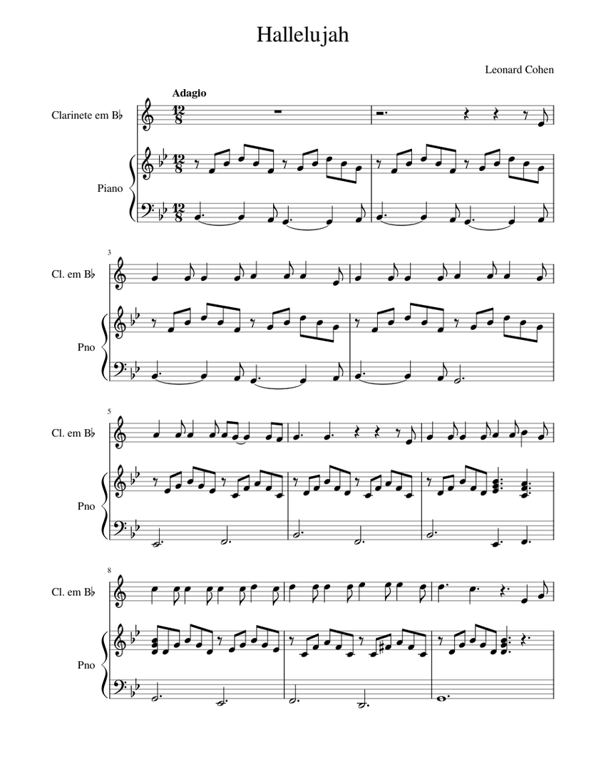 Hallelujah Clarinete Piano Sheet Music For Piano, Clarinet In B-flat ...