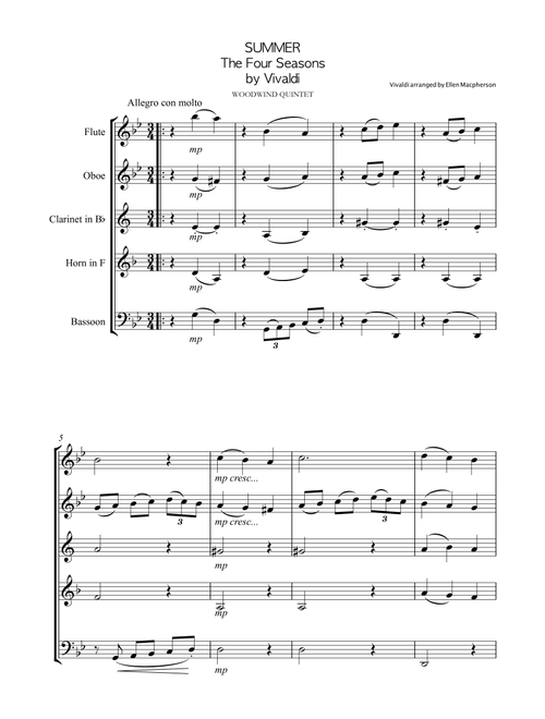 SUMMER by VIVALDI for WOODWIND QUINTET (Arr. Ellen Macpherson) (Woodwind Ensemble)