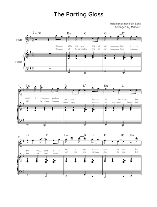 The Parting Glass - Flute & Piano in G - Easy With Chords & Lyric (Arr. MissoRB) - Traditional Irish Folk Song (Flute and Piano)
