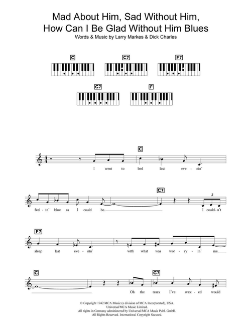 Mad About Him, Sad Without Him, How Can I Be Glad Without Him Blues - Dinah Shore (Piano Chords-Lyrics)
