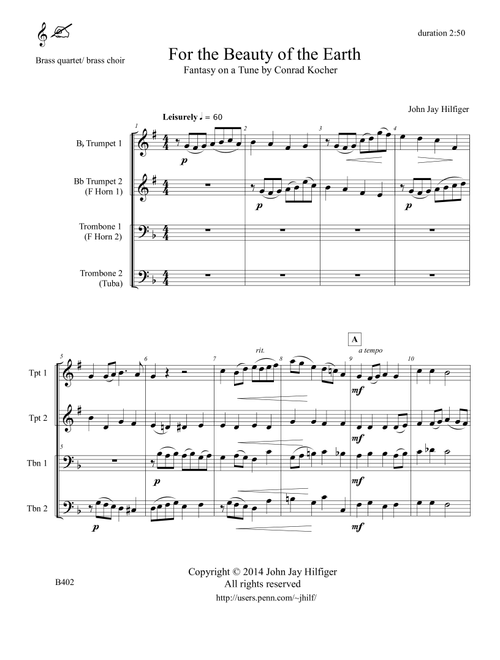 For the Beauty of the Earth: Fantasy on a Tune by Conrad Kocher for Brass Quartet - John Jay Hilfiger (Brass Ensemble)
