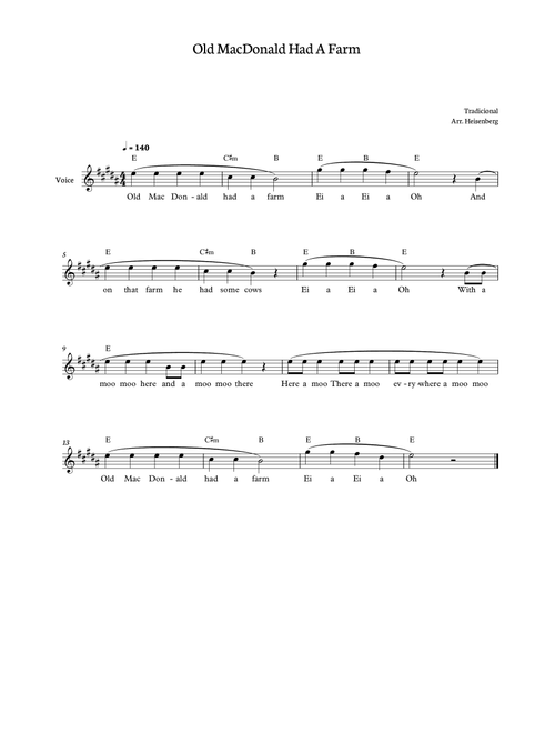 Old MacDonald Had a Farm for voice in B major (Arr. Heisenberg) - Tradicional (Lead Sheet - Fake Book)