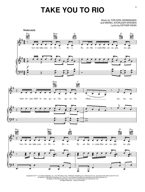 Take You To Rio - Esther Dean, Rio (Movie) (Piano-Vocal-Guitar)