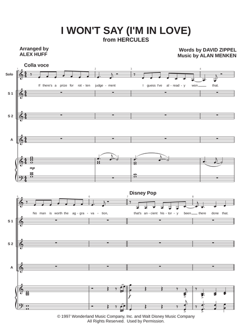 I Won't Say (i'm In Love) (Arr. Alex Huff) - David Zippel, Alan Menken (Choral, SSAA)