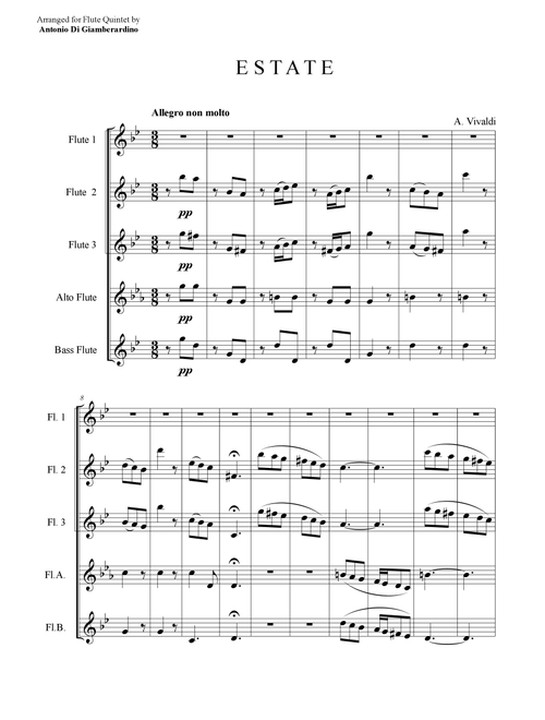SUMMER (FOUR SEASONS) for Flute Quintet Flute Choir (Arr. Antonio Di Giamberardino) - Antonio Vivaldi (Woodwind Ensemble)