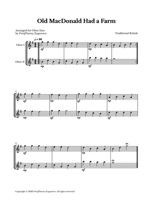 Old MacDonald Had a Farm - For Oboe Duet (Arr. FreqTheory Engravers) - Traditional British (Oboe Duet)