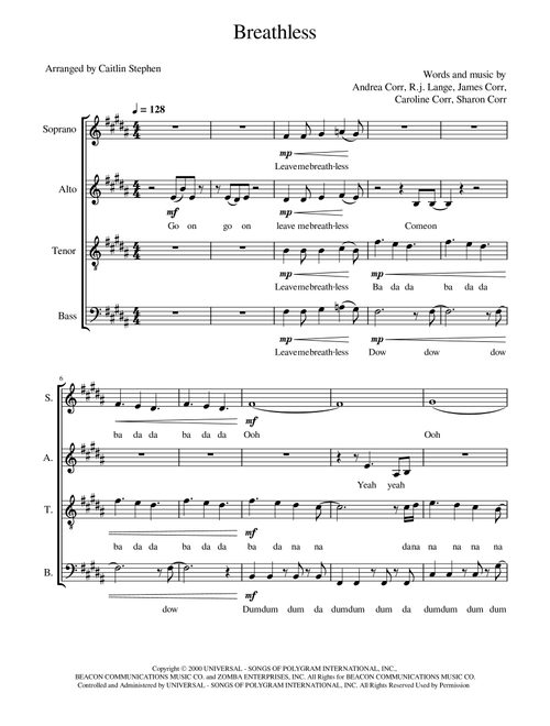 Breathless (Arr. Caitlin Stephen) - The Corrs (Choral, SATB)