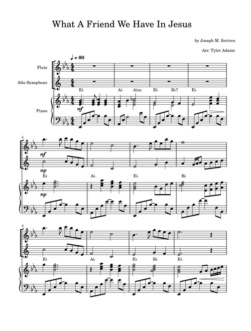 What A Friend We Have In Jesus (Flute and Alto Sax Duet with Piano) (Arr. Tyler Adams) - Joseph M. Scriven (Instrumental Duet and Piano)